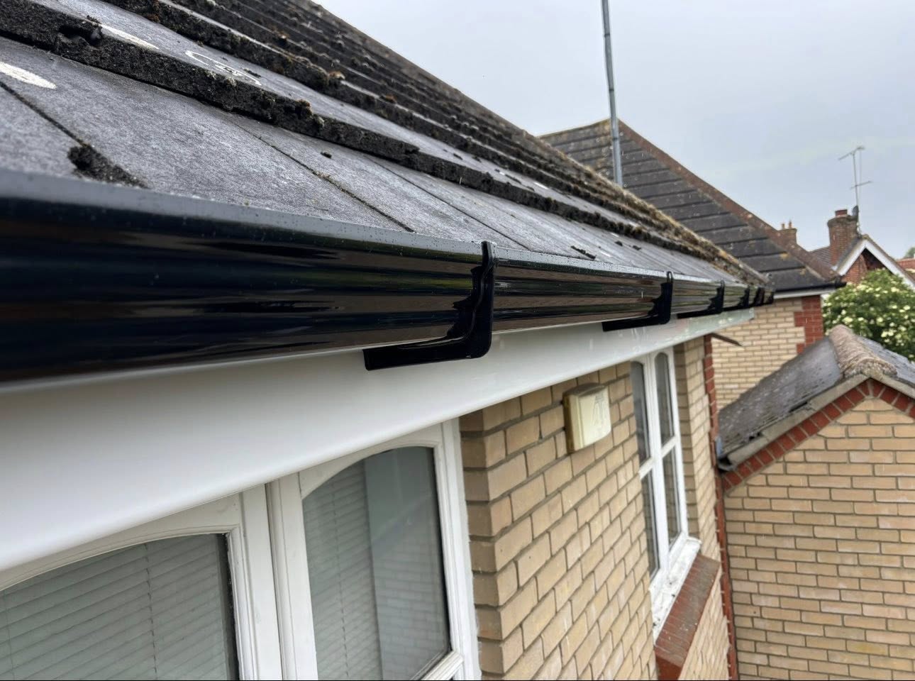 Roofline corner, black fascia and white soffit