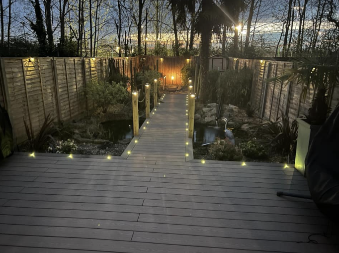Composite deck at dusk overlooking the garden