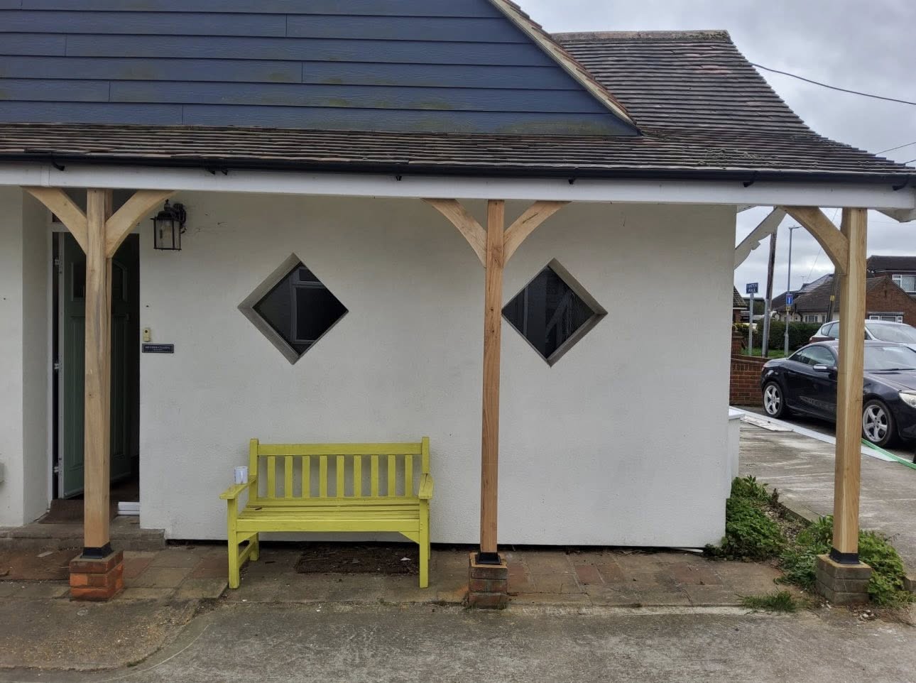 Oak-framed entrance canopy